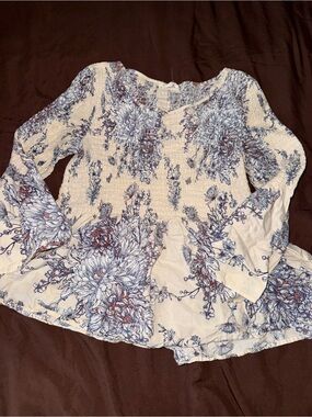 Floral Smocked Peasant Top - Blue on Cream